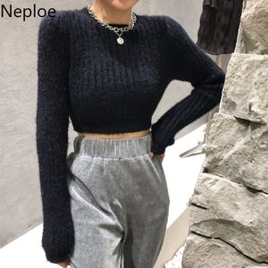 Neploe Fashion Crop Tops New Sweaters for Women Slim Fit Imitation Mohair Knitted Pullovers O-neck Long Sleeve Jumper Coat 94725 210422