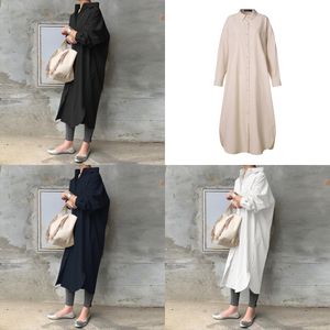 ZANZEA Plus Size Women Summer Sundress Elegant Long Shirt Dress Lapel Neck Long Sleeve Solid Vestido Casual Loose Work Dresses X0521