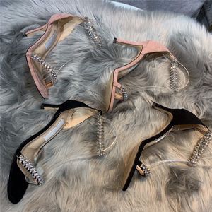 Luksusowe projektanty sandały na wysokich obcasach dla kobiet damskie buty jedno słowo otwarte stóp u nogi z sznurkiem z kryształami klamry gumowymi obcasami podeszwy o powierzchni 8 cm/10 cm rozmiar 35-40
