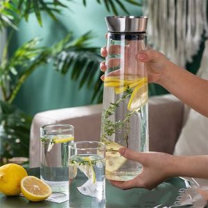 Water Jug 900-1800ML Transparent Glass Juice Bottle With Stainless Steel Lid Carafe Boiling Wate Pitcher Drinkware 211122