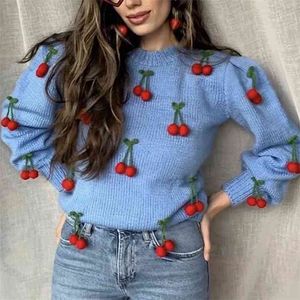 Handgjorda Cherry Sweater Kvinnor Vintage Crochet Blå Pullovers Höst Vinter Streetwear Casual Oversized 210427