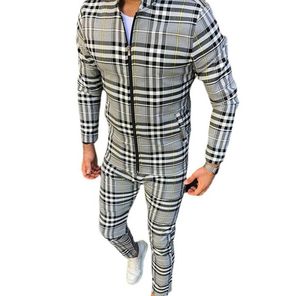 ファッションジャケットメンズトラックスーツセットカラフルな格子縞の男性カジュアルジッパーセット秋の上のズボン男性のスウェットポケット