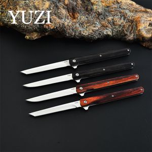 Yuzi دفاعية التكتيكية القابلة للطي سكين المقاوم للصدأ بليد التخييم بقاء الصيد جيب سكين فائدة الخشب مقبض مع غطاء
