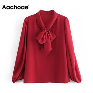 春の秋の固体エレガントなブラウスボウネックビンテージシャツパフ長袖赤い色の女性トップスBlusas Mujer 210413
