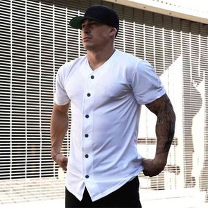 Mäns Oversized Cardigan T Shirt Solid Färg Gym Kläder Bodybuilding Fitness Loose Sports T-shirt Streetwear Hip Hop Tee Shirt 210421