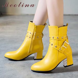 Meotina Winter Ankle Boots Women Boots Buckle Square High Heels Short Boots Zipper Pointed Toe Shoes Lady Autumn Large Size 3-12 210608