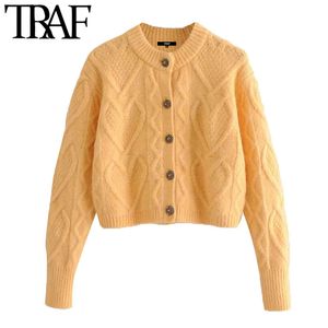 TRAF Women Fashion BeJewelled Button Cropped Cable-knit Cardigan Sweater Vintage Long Sleeve Female Outerwear Chic Tops 210415