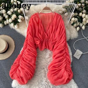 Kvinnors Blusar Skjortor Kvinnor Mode Koreanska Blus Design Ruched Puff Sleeve V Neck Slim Toppar Sommar Chic Streetwear Short Chiffon