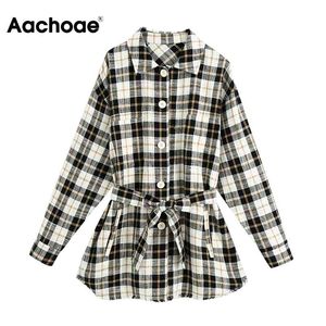 Aachoae Wszystkie Dopasuj Koszula Kratę Koszula Kurtka Batwing Rękawem Loose Tops Lady Curl Down Collar Bandaż Lattice Płaszcz Odzieży Femme Veste 210413