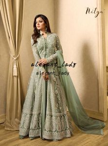 Mint Verde Paquistanês Prom Vestido Bordado Anarkali Vestido Lace Applique Manga Longa Caftan Kaftan Bollywood Party Destino Vestido de Noite