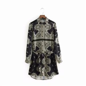 Kvinnor Vintage Totem Flower Print Mini Dress Office Lady Business Wear Sashes Shirtwaister Casual Slim Brand Dresses DS916 210420