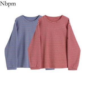 Abbigliamento da donna NBPM T-shirt a righe a strisce T-shirt coreana Top Basic Vintage Vestiti a maniche lunghe in cotone Tees femminile rosa primavera 210529