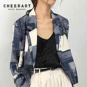 Autumn Blazer Women Color Block Print Blue Femme One Button Jacket Ladies Casual Coat Fall 210427