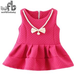 Retail 1-4 years dress solid color sleeveless beading o-neck girl clothing kids children spring autumn fall Q0716