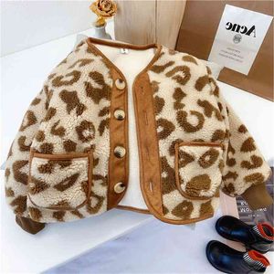 Meninas Casaco Leopardo Imprimir Lã de Cordeiro Plus Velvet Revestimento Grosso Inverno Cardigan Childrigan Roupas para Meninos 210625