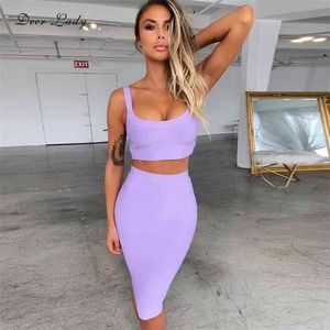 Bandage dress sets Women Sexy Two Piece Skirt Set Summer Lilac Bodycon skirt and top set matching sets For Club Party 210730