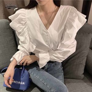 Korean Style Cardigan Fashion Ruffled V-neck Blouse Women Autumn Flare Sleeve Solid White Tops Splicing Shirts 12293 210427