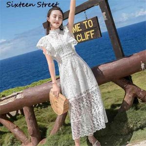 Woman Mesh Dress white Lace Embroidery High Waist summer short-sleeved self female for party vestidos 210603