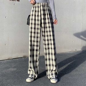 Ins Baggy Blue Pants Lady特大のワイドレッグ格子縞の弛みハーレム学生秋紫のピンクの長いフレアのズボン211112