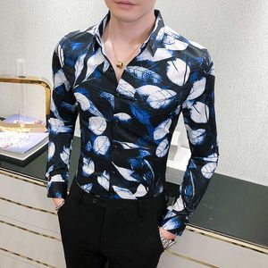 Корейский тонкий подходит мужские рубашки с длинным рукавом листьев печатание повседневные платья рубашка деловая улица бренд мужская одежда CamiSas Para Hombre 210527