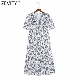 Women Elegant Pleated V Neck Puff Sleeve Floral Print Casual Slim Midi Dress Femme Back Zipper Vestido Dresses DS8216 210416