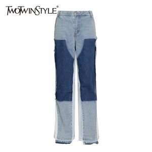 Twotwinstyle Patchwork Streetwear Jeans Dla Kobiet Wysoka Talia Hit Color Casual Szeroki Noga Spodnie Kobiet Mody Ubrania Jesień 210517