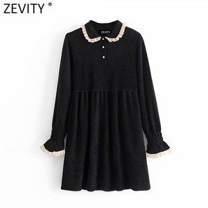 Women Sweet Lace Ruffles Black Chenille Mini Dress Femme Turn Down Collar Buttons Vestido Chic Party Clothing DS4915 210416