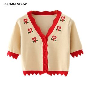 Kadınlar Örgü Tek Göğüslü Düğme Hırka Nakış Kazak Retro Maruz Göbek Kısa Triko Kol Jumper Tops 210429