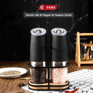 2Pcs Black Electric Pepper Mill with Bracket Salt and Grinder Set Stainless Steel Gravity Automatic Spice Kitchen 210713