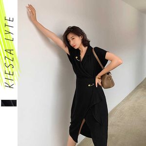 エレガントなブラックラップドレス夏の半袖Vネックピン韓国風スリムパーティードレスOL WEAR滑走路Fahsion 210608