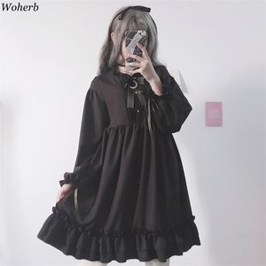 WOHERB Japanese Gothic Lato Szyfonowa Sukienka Kobiety Vintage Bow Bandaż Wzburzyć Czarny Lolita Dresses Vestidos Robe Femme 21664 210409