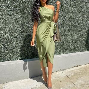 Casual Dresses One Shoulder Ruched Party Summer Dress Women Sexy Solid Satin Elegant Belt Club Bodycon Split Midi 3XL Plus Size Vestido