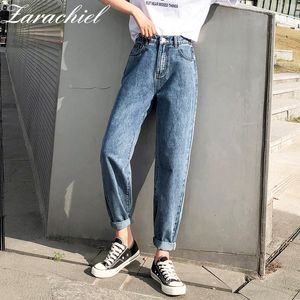 Vintage Loose High Elastic Waist Kvinnor Denim Jeans Fickor Zipper Knapp Kvinna Ankellängd Byxor Streetwear Harem Trousers 210416