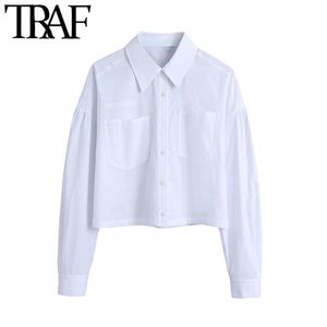 TRAF Kadınlar Moda Cepli Kırpılmış Beyaz Bluzlar Vintage Fener Kol Button-Up Kadın Gömlek Blusas Chic Tops 210415