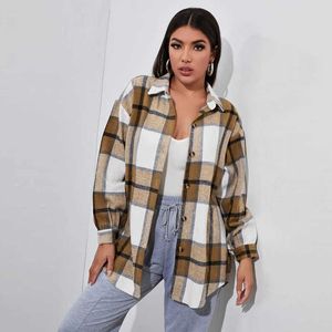 Karierte karierte Jacke Mäntel Frauen Casual Übergroße Umlegekragen Langer Mantel Weibliche dicke warme Wollmischungen Mantel Streetwear 210930