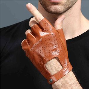 Fingerless Leather Car Driving Gloves Mäns Äkta Unisex Kvinna Kvinnor Sport Half Fingers Tactical Anti Slip Andas