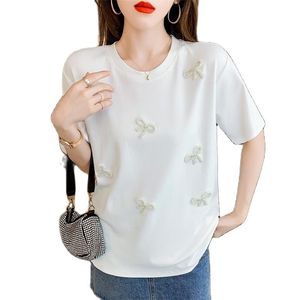 カジュアルなオールマッチTシャツの女性の重工業のビーズの綿の上の夏のファッション服210520