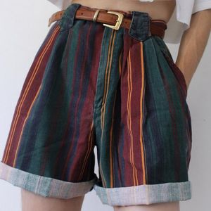Pantaloncini da donna streetwear 2021 pantaloncini larghi colorati a righe a vita alta vintage estivi con tasca Plus Size3XL da donna