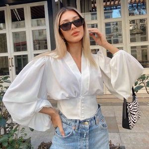 V Neck Button Up Latarnia Rękaw Biała Bluzka Topy Kobiety Biurowe Panie Czarne Vintage Crop Tops Lato Wiosna Krótkie Topy 210415