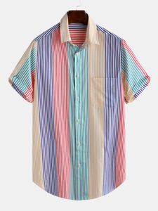 Vertikal Färgglada Striped Shirt Mens Bomull Button Up Kortärmad Bröstficka Män Sommar Koreanska Kläder 210527