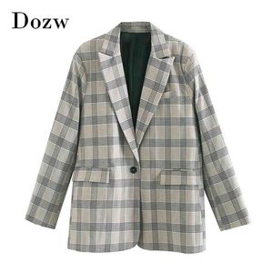 Mode Frauen Büro Karierten Anzug Blazer Langarm Kerb Kragen Lose Jacke Damen Einreiher Casual Outwear Mantel 210515
