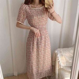 Koreański Moda Kobiety Szyfonowa Kwiatowa Długa Sukienka Koronkowa Krótki Rękaw Kwadratowy Kołnierz Boho Wakacje Vintage Femme Robe Vestidos 210514