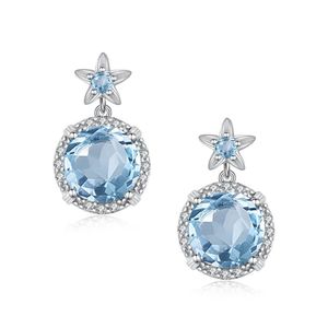 Solid 925 Sterling Women's Earrings Round Cut  Fashion Aquamarine Star Shape Silver Flower Jewelry 2020