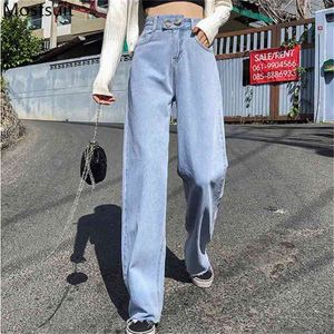 Sommer Dünne Hohe Taille Breite Bein Denim Jeans Frauen Koreanische Casual Mode Weibliche Tasten Fliegen Gerade Hosen Capris 210513