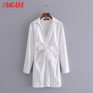 ファッション女性白い弓シャツ長袖のオフィスレディースミニドレス3H64 210416