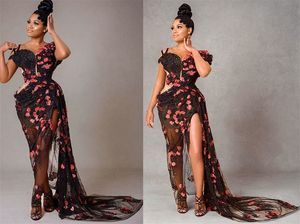 2021 Plus Size Arabo Aso Ebi Nero Elegante Abiti da ballo sexy In rilievo di pizzo Alta Split Serata formale Abiti da seconda reception ZJ576