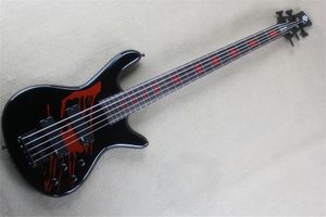 5 Strings Black Body Electric Bass Guitar with Red Block Inlay,Black Hardware,2 Pickups,Can be customized