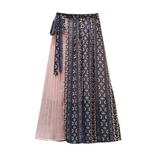 Women Chiffon Pink Blue Geometric Patchwork Print Empire A Line Ruched Long Skirt Lace Up Female S0216 210514
