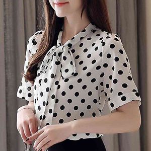 Bluzka Kobiety Blusas Mujer De Moda Krótki Rękaw Summer Bluzka Koszula Bow Collar Black Dot Biała Szyfonowa Bluzka Topy Kobiety D96 210426