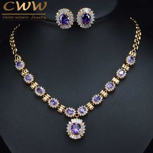 Brilliant Round Dangle Drop Purple Crystal Bridal Necklace and Earring Set Dubai Gold Color Wedding Jewelry T275 210714 1C1V